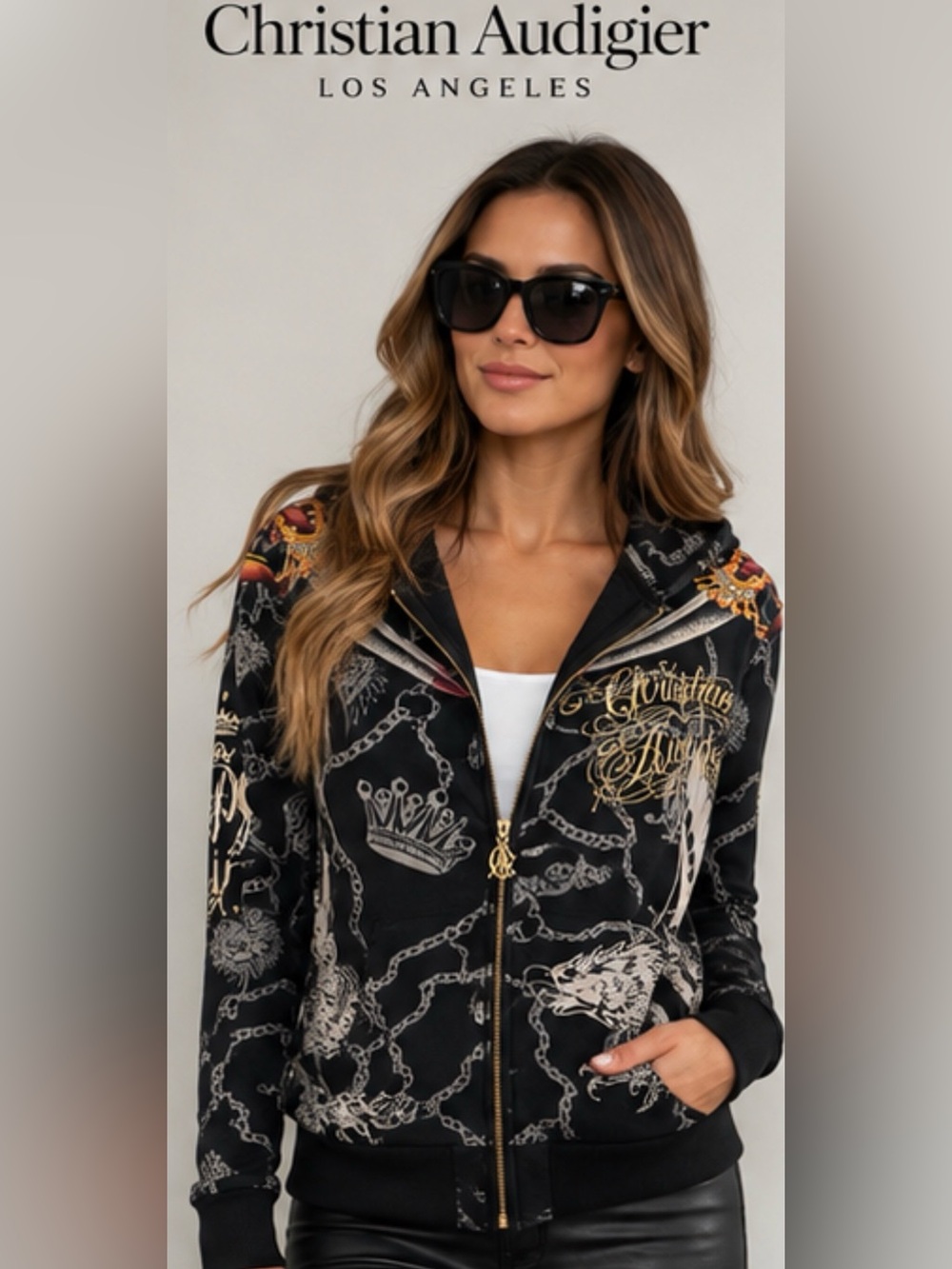 Christian Audigier Women’s Black Graphic Zip Hoodie Jacket – Size S